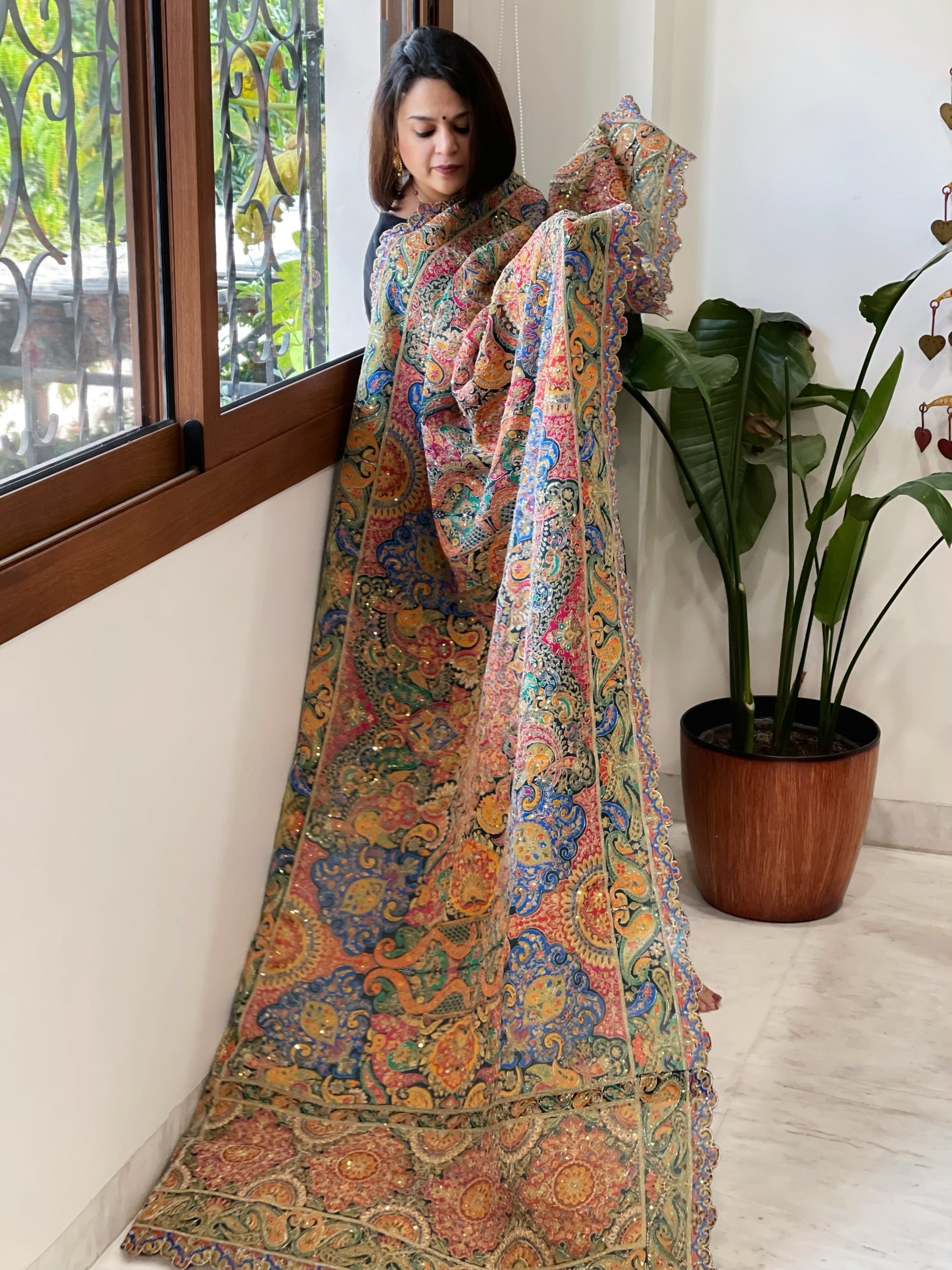 Blue Chinon Dupatta with Aari Embroidery - Masakalee