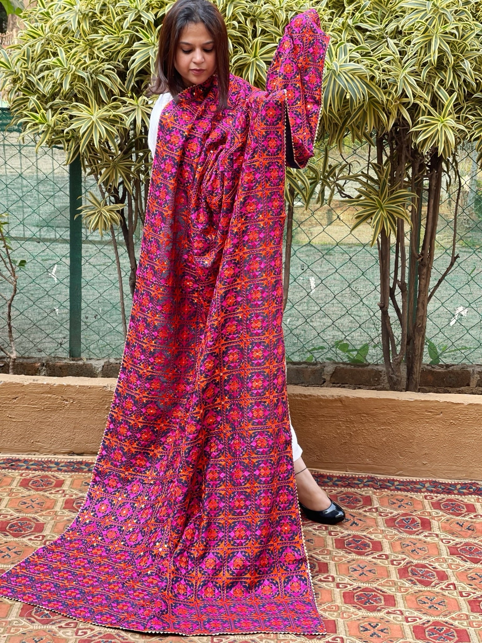 Blue Designer Phulkari Dupatta in Chinon - Masakalee