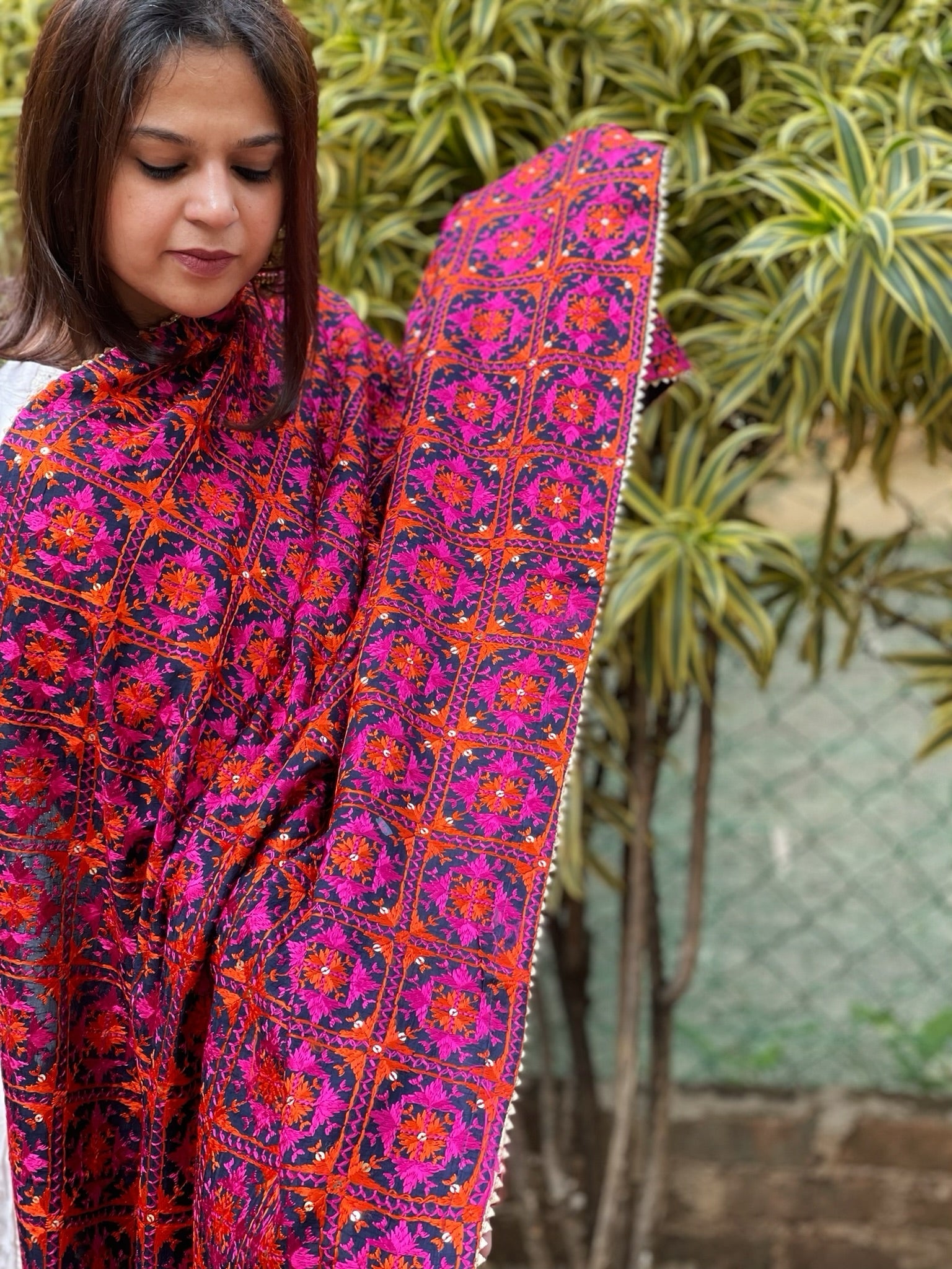 Blue Designer Phulkari Dupatta in Chinon - Masakalee