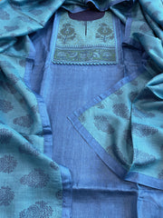 Blue Dupatta Set (Kurta+Dupatta) with Handblock Print in Pure Tussar Silk - Masakalee