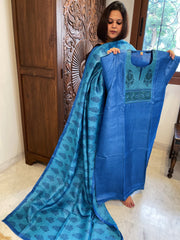 Blue Dupatta Set (Kurta+Dupatta) with Handblock Print in Pure Tussar Silk - Masakalee