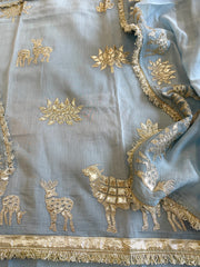 Blue Gota Applique Suit Set in Pure Mul Chanderi - Masakalee