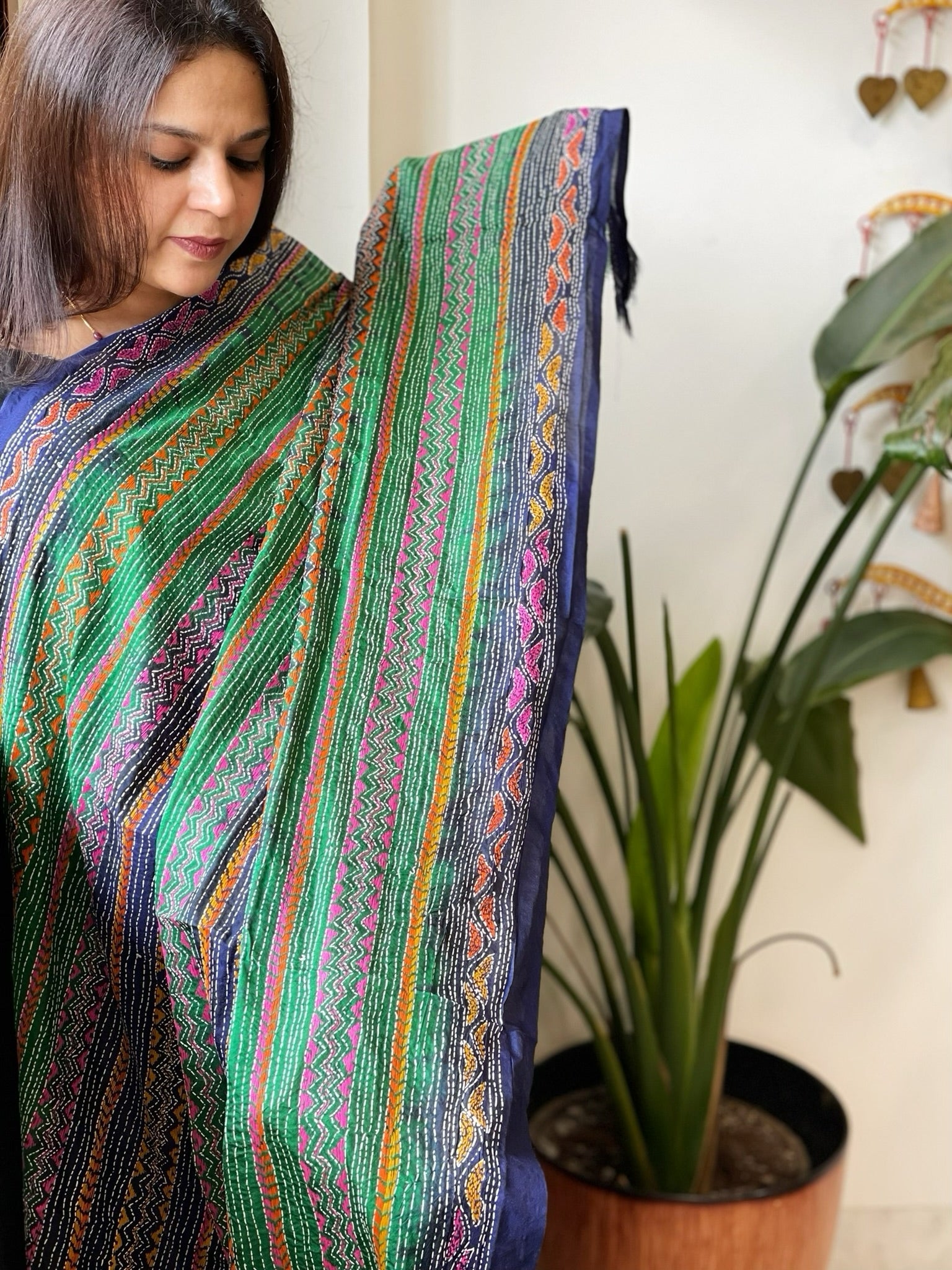 Blue, Green Handmade Kantha Dupatta in Silk - Masakalee