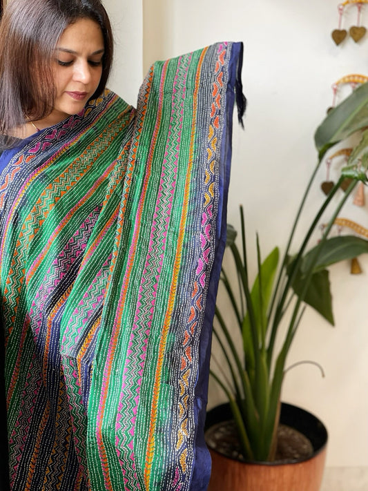 Blue, Green Handmade Kantha Dupatta in Silk - Masakalee