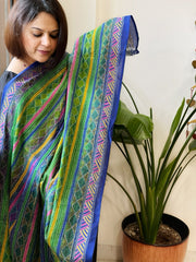 Blue, Green Handmade Kantha Dupatta in Silk - Masakalee
