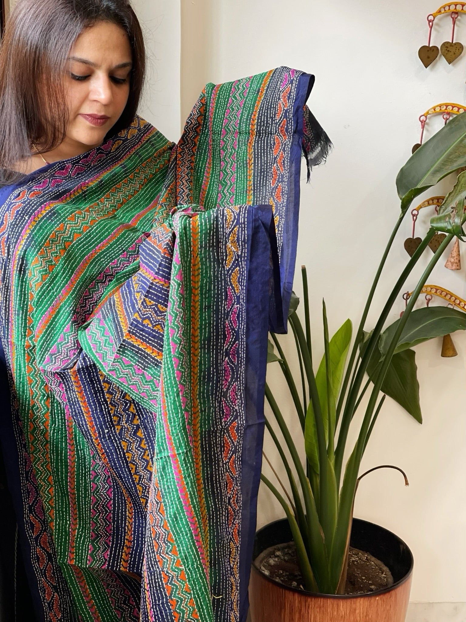 Blue, Green Handmade Kantha Dupatta in Silk - Masakalee