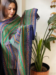 Blue, Green Handmade Kantha Dupatta in Silk - Masakalee