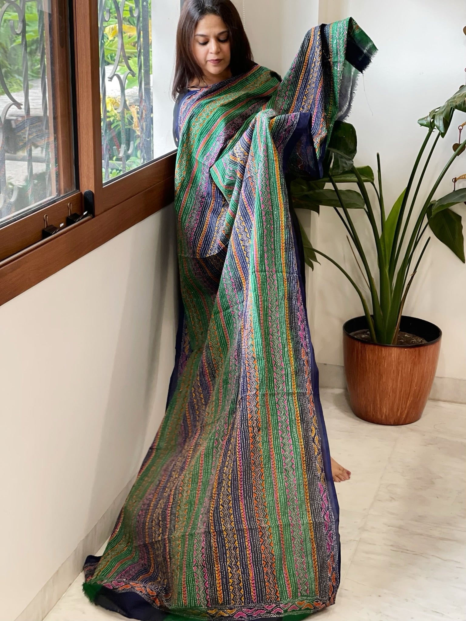 Blue, Green Handmade Kantha Dupatta in Silk - Masakalee