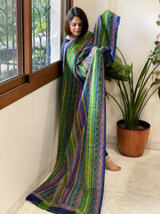 Blue, Green Handmade Kantha Dupatta in Silk - Masakalee