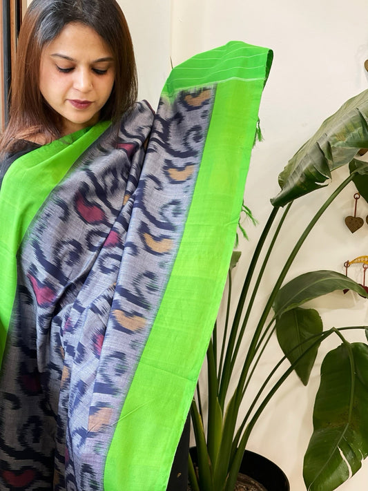 Blue, Green Handwoven Ikat Dupatta in Cotton - Masakalee