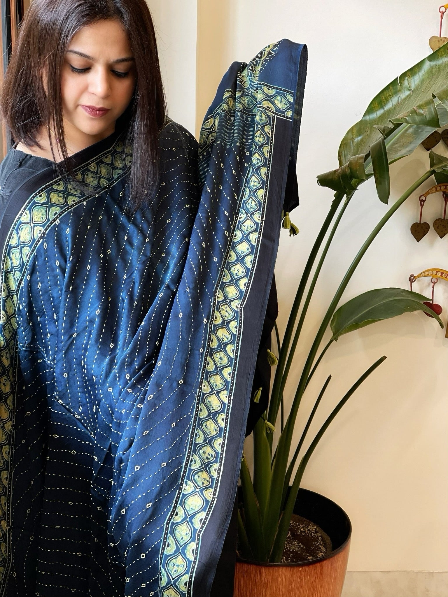 Blue Handblock Printed Ajrakh Dupatta with Kantha Stitch Hand Embroidery - Masakalee