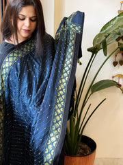 Blue Handblock Printed Ajrakh Dupatta with Kantha Stitch Hand Embroidery - Masakalee