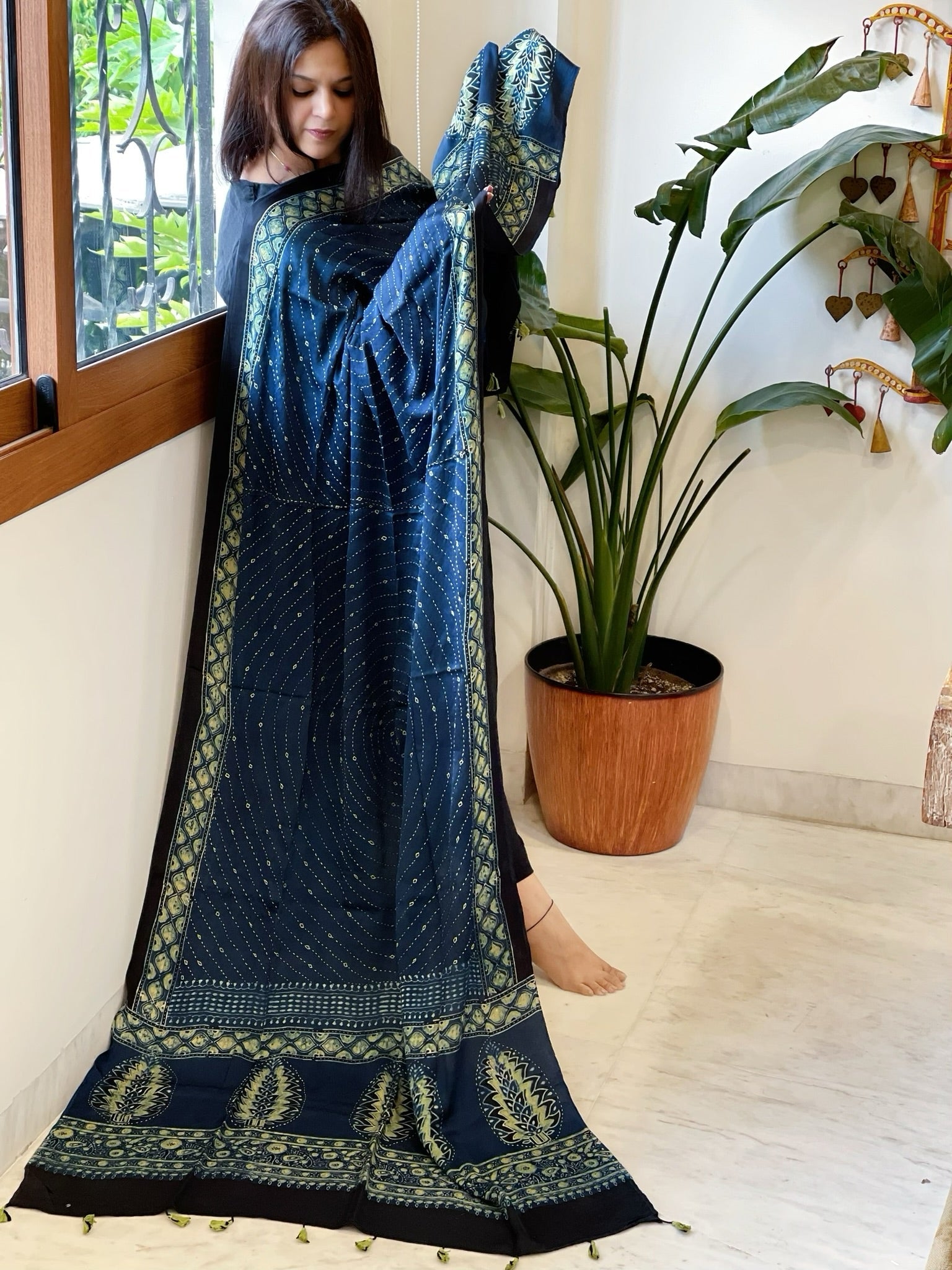Blue Handblock Printed Ajrakh Dupatta with Kantha Stitch Hand Embroidery - Masakalee