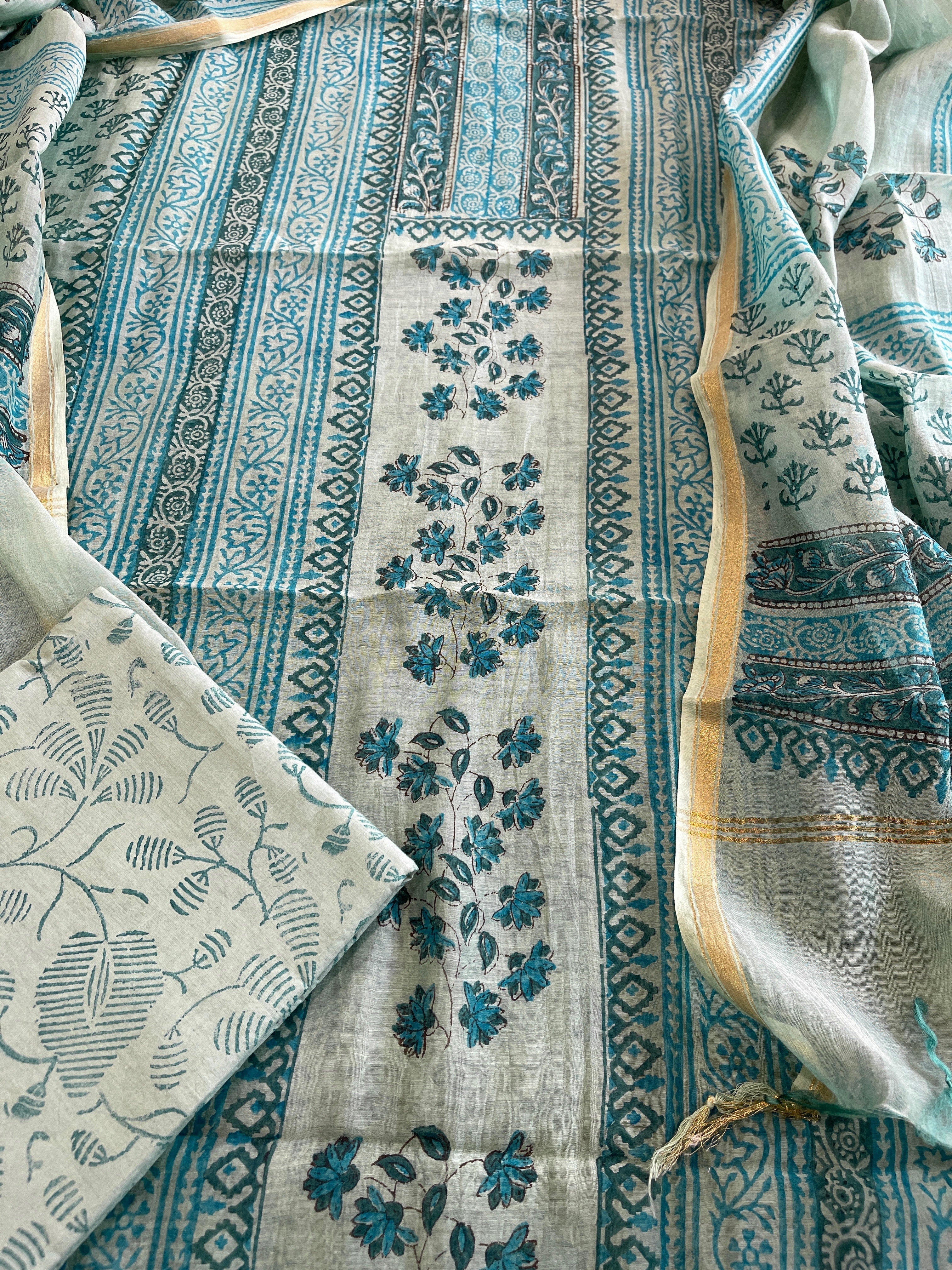 Blue Handblock Printed Suit Set in Mul Cotton - Masakalee