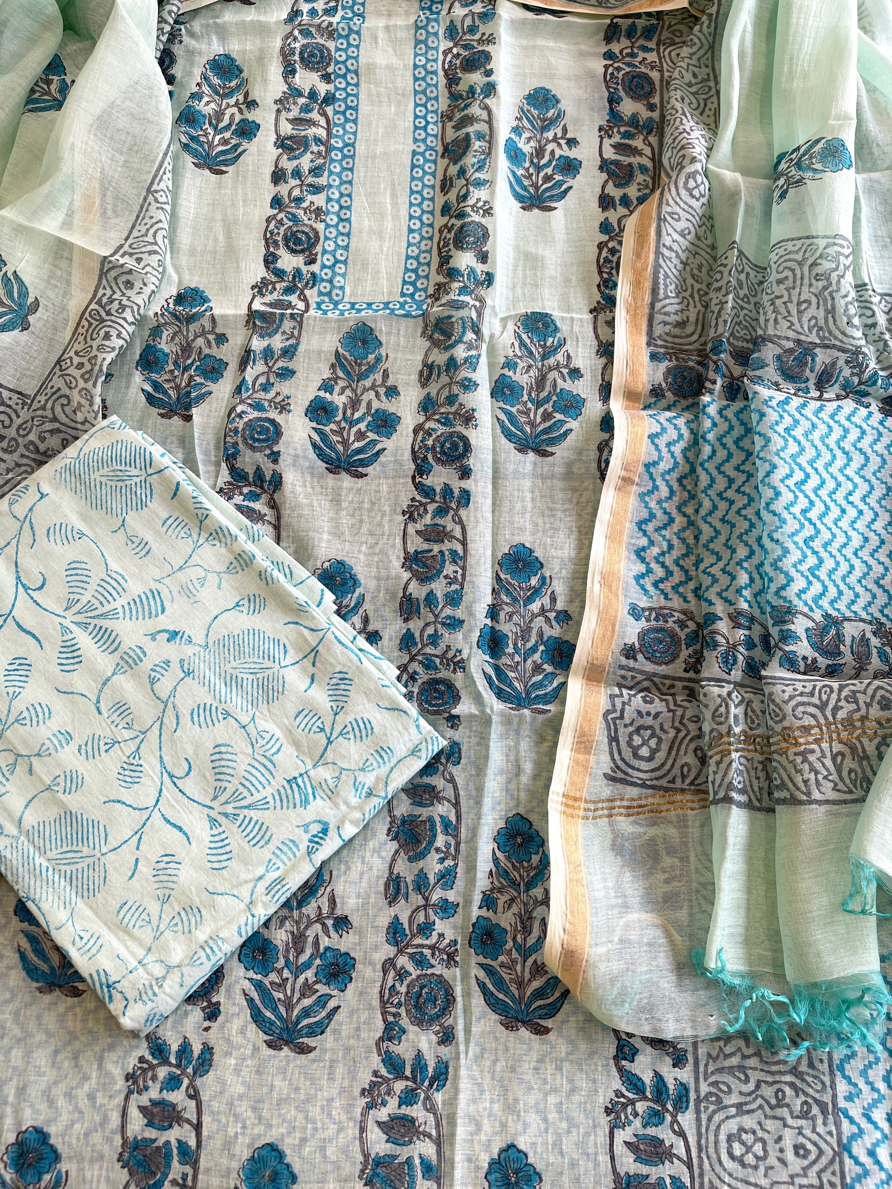 Blue Handblock Printed Suit Set in Mul Cotton - Masakalee