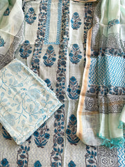 Blue Handblock Printed Suit Set in Mul Cotton - Masakalee