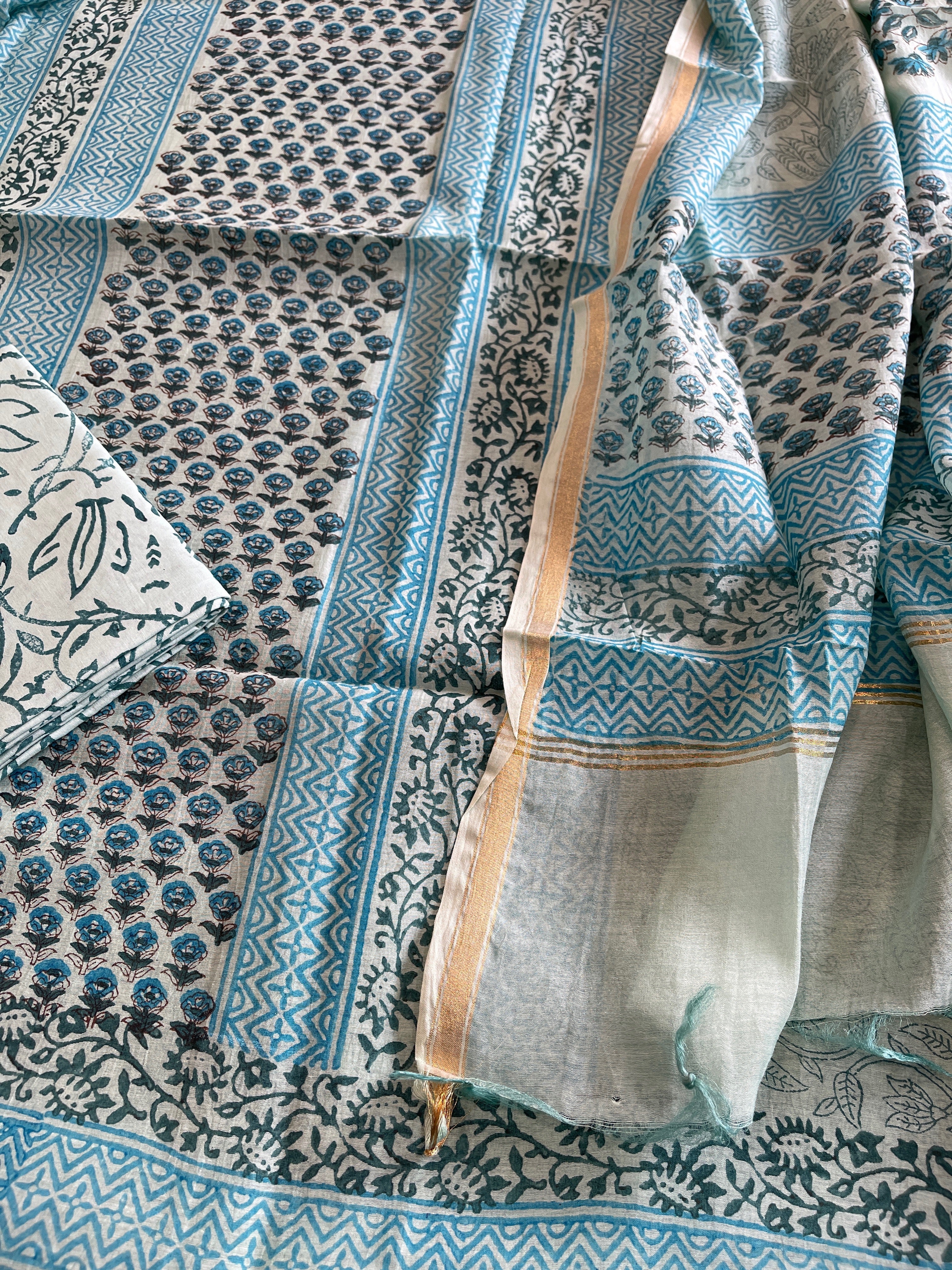 Blue Handblock Printed Suit Set in Mul Cotton - Masakalee