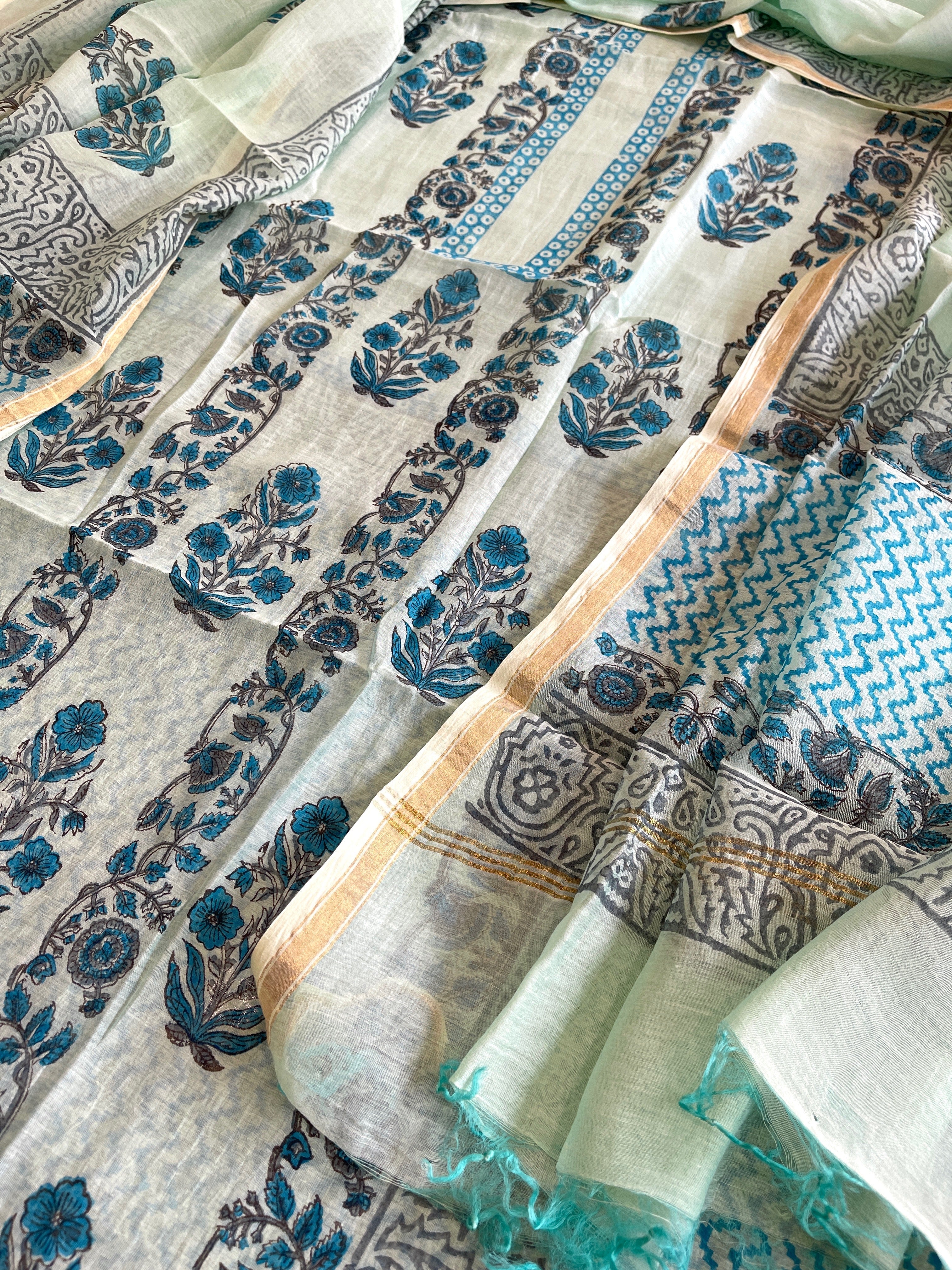 Blue Handblock Printed Suit Set in Mul Cotton - Masakalee