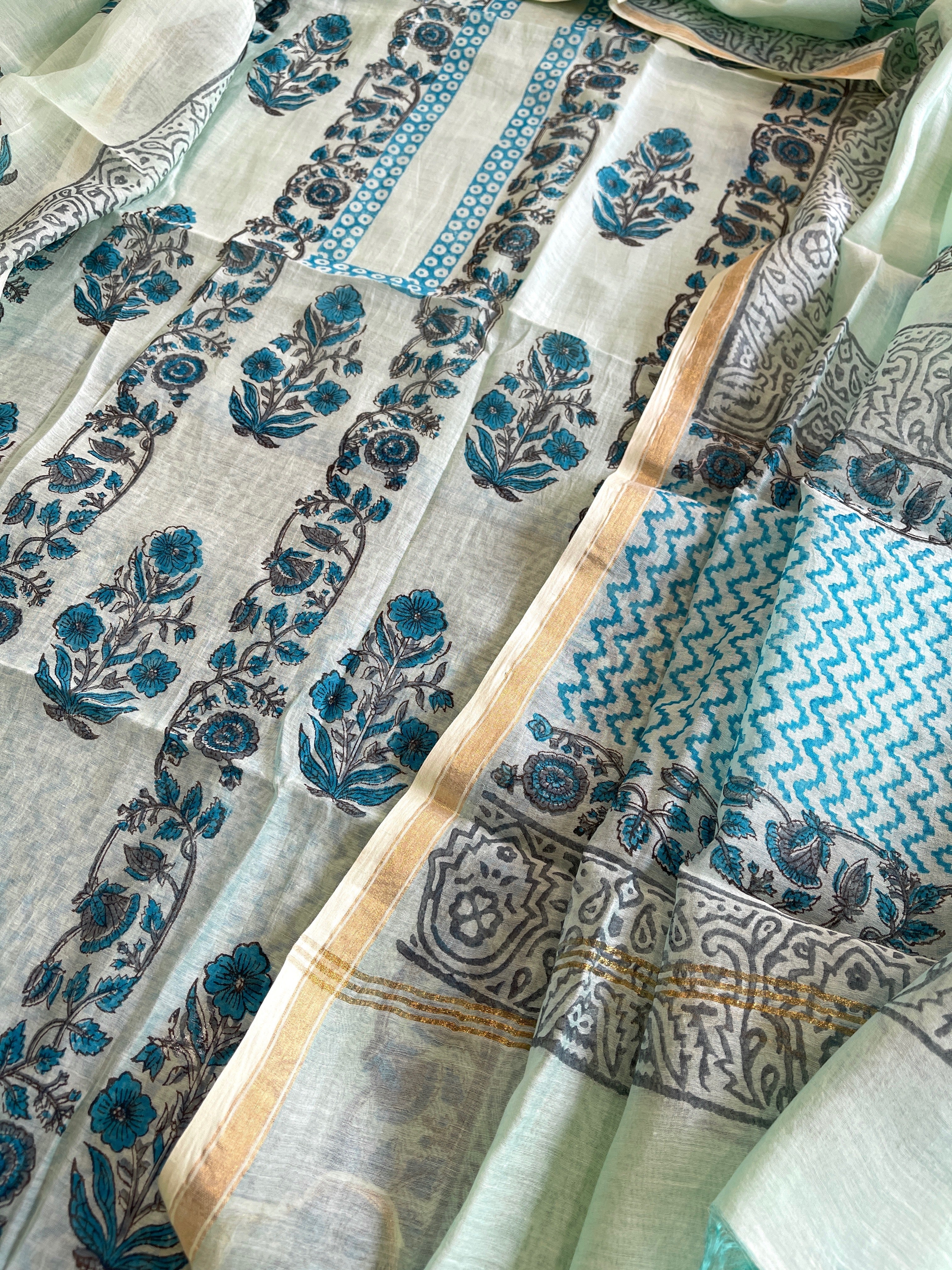 Blue Handblock Printed Suit Set in Mul Cotton - Masakalee