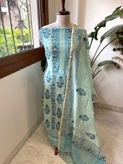 Blue Handblock Printed Suit Set in Mul Cotton - Masakalee