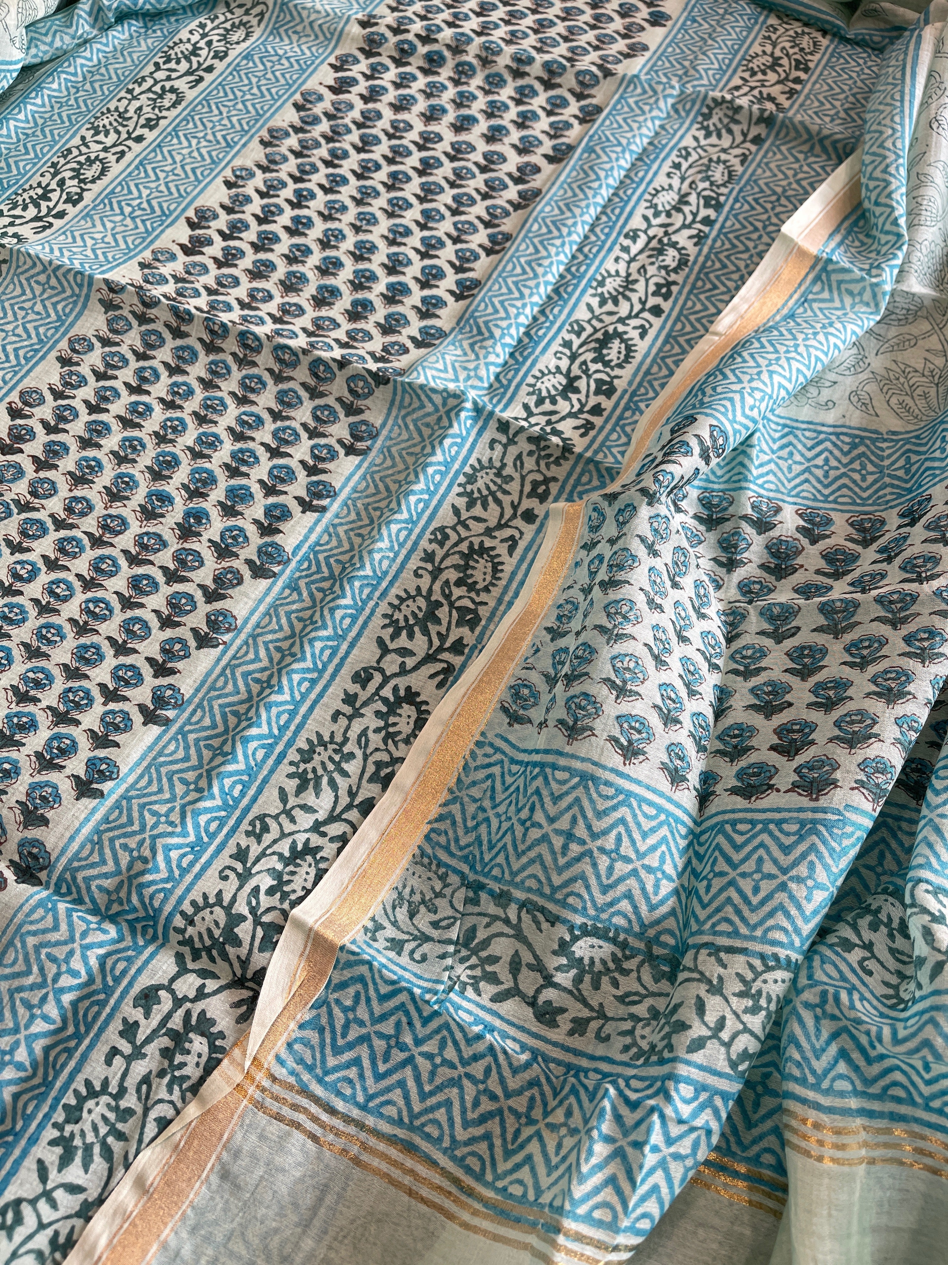 Blue Handblock Printed Suit Set in Mul Cotton - Masakalee