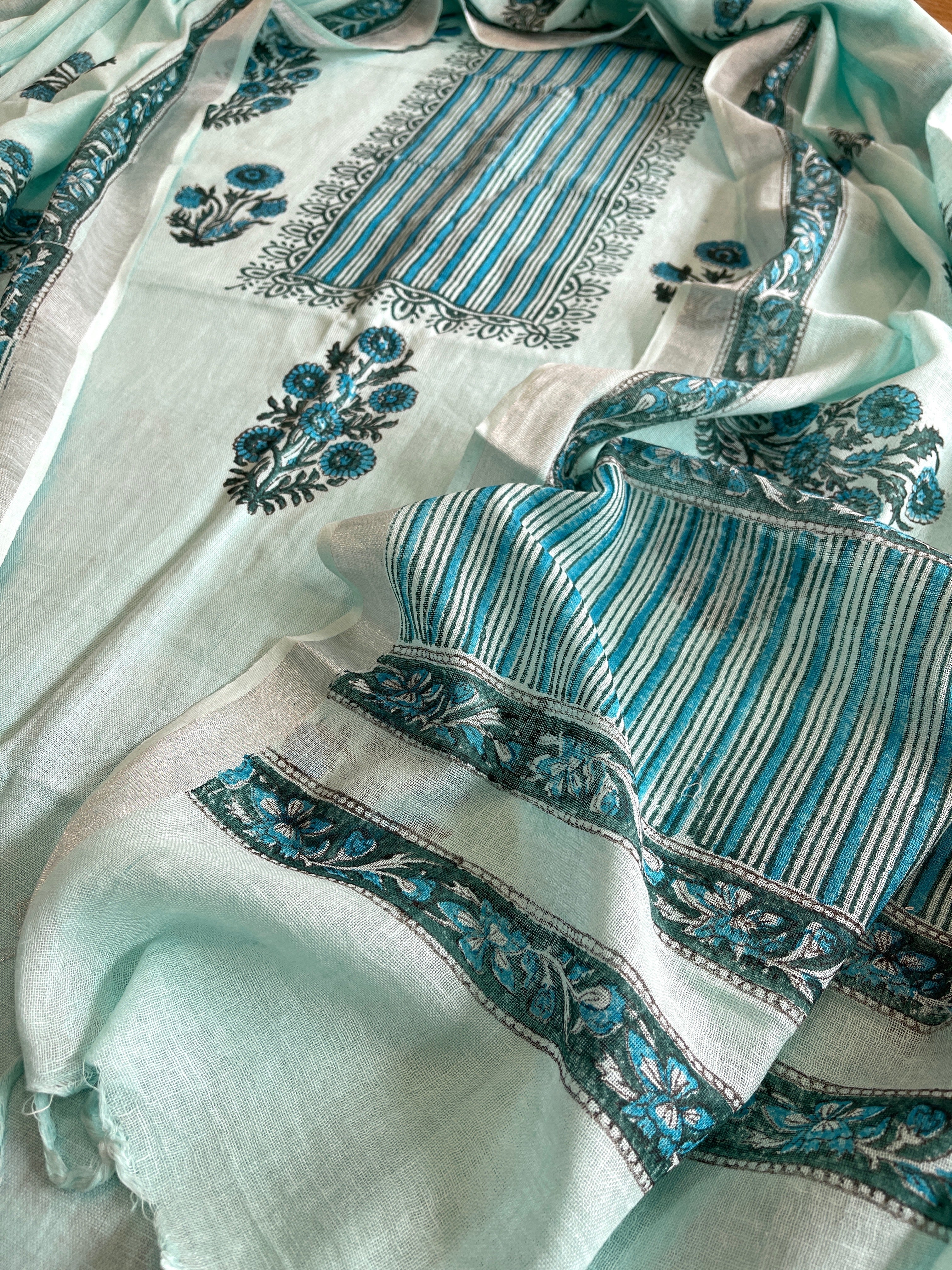Blue Handblock Printed Suit Set in Pure Linen - Masakalee