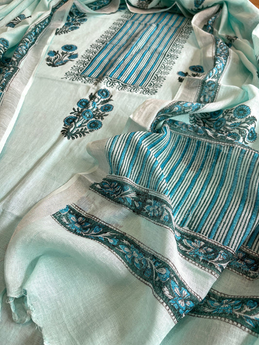 Blue Handblock Printed Suit Set in Pure Linen - Masakalee