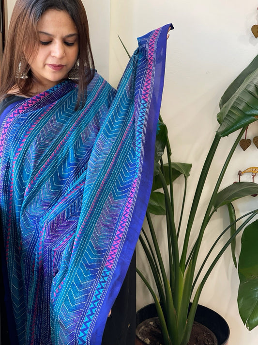 Blue Handmade Kantha Dupatta in Silk - Masakalee
