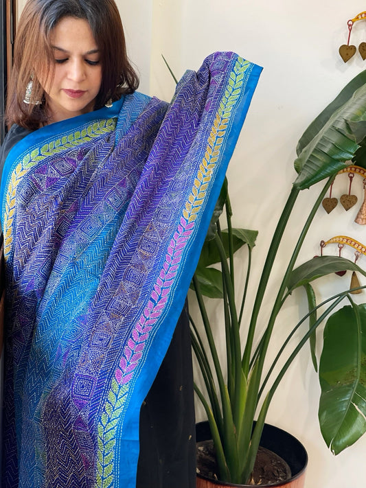 Blue Handmade Kantha Dupatta in Silk - Masakalee