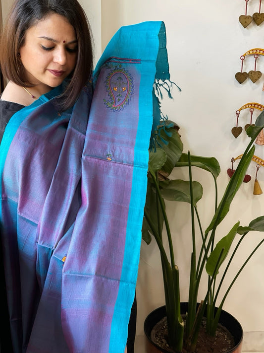 Blue Handmade Kutchi Embroidered Dupatta in Pure Tussar Silk - Masakalee