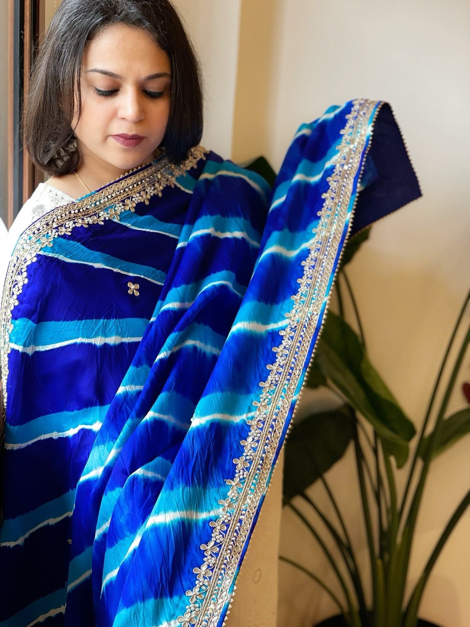 Blue Handmade Leheriya Dupatta with Gotapatti and Pearl Handwork in Pure Gajji Silk - Masakalee