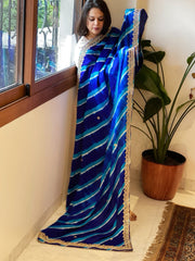 Blue Handmade Leheriya Dupatta with Gotapatti and Pearl Handwork in Pure Gajji Silk - Masakalee