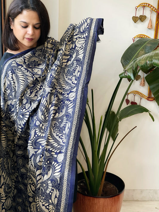 Blue Handmade Nakshi Kantha Dupatta in Pure Silk - Masakalee