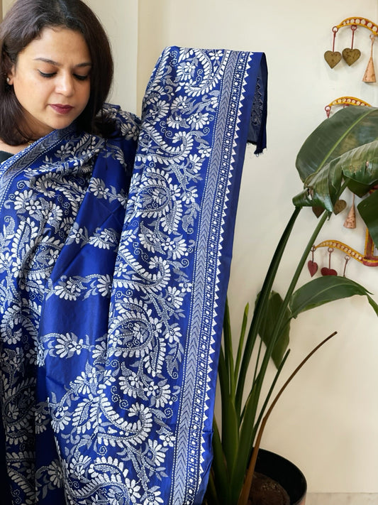 Blue Handmade Nakshi Kantha Dupatta in Pure Silk - Masakalee