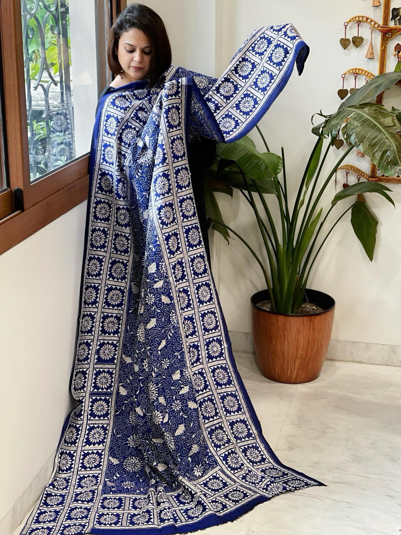 Blue Handmade Nakshi Kantha Dupatta in Pure Silk - Masakalee