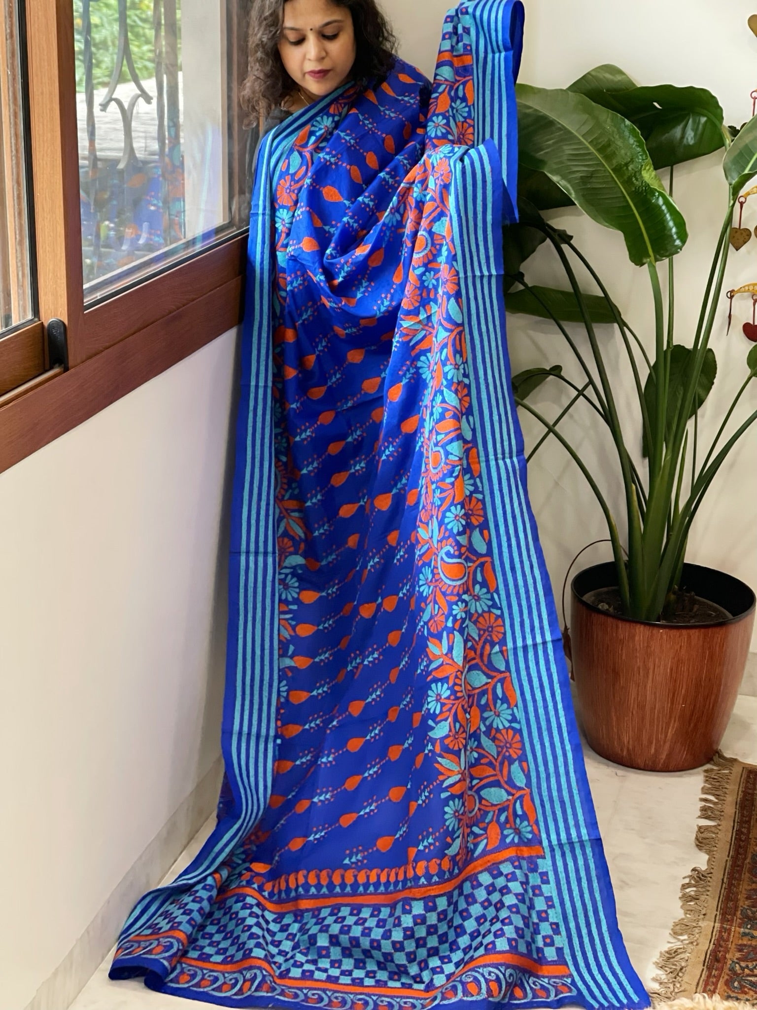 Blue Handmade Nakshi Kantha Dupatta in Pure Silk - Masakalee