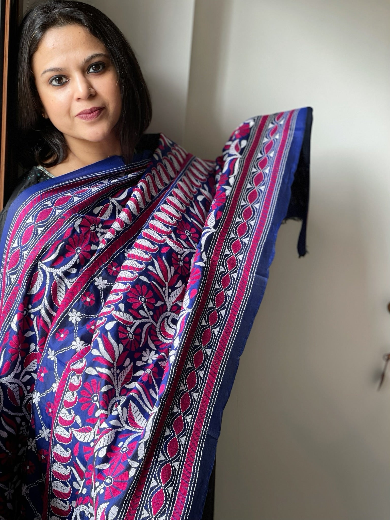 Blue Handmade Nakshi Kantha Dupatta in Pure Silk - Masakalee