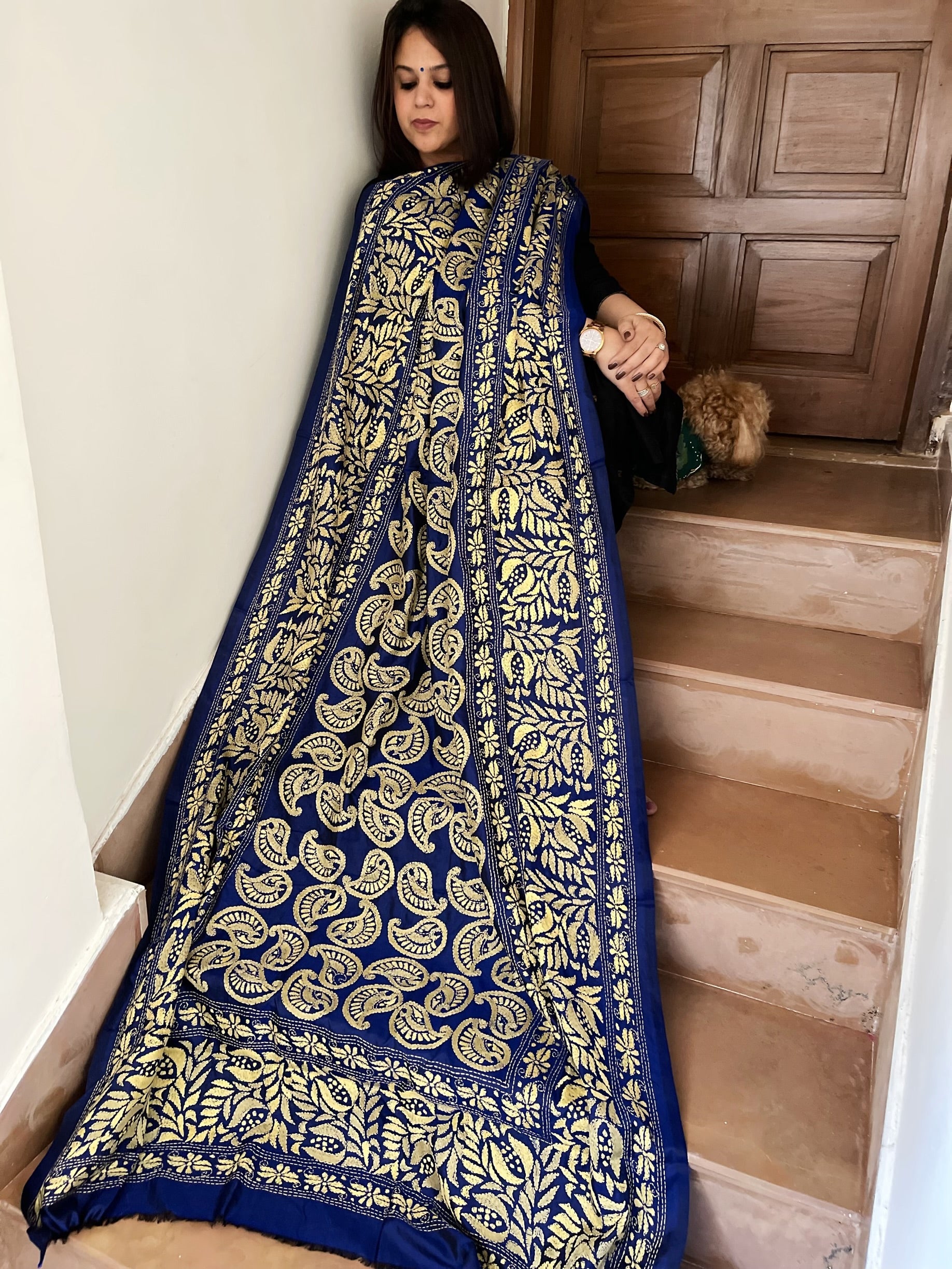 Blue Handmade Nakshi Kantha Dupatta in Pure Silk - Masakalee