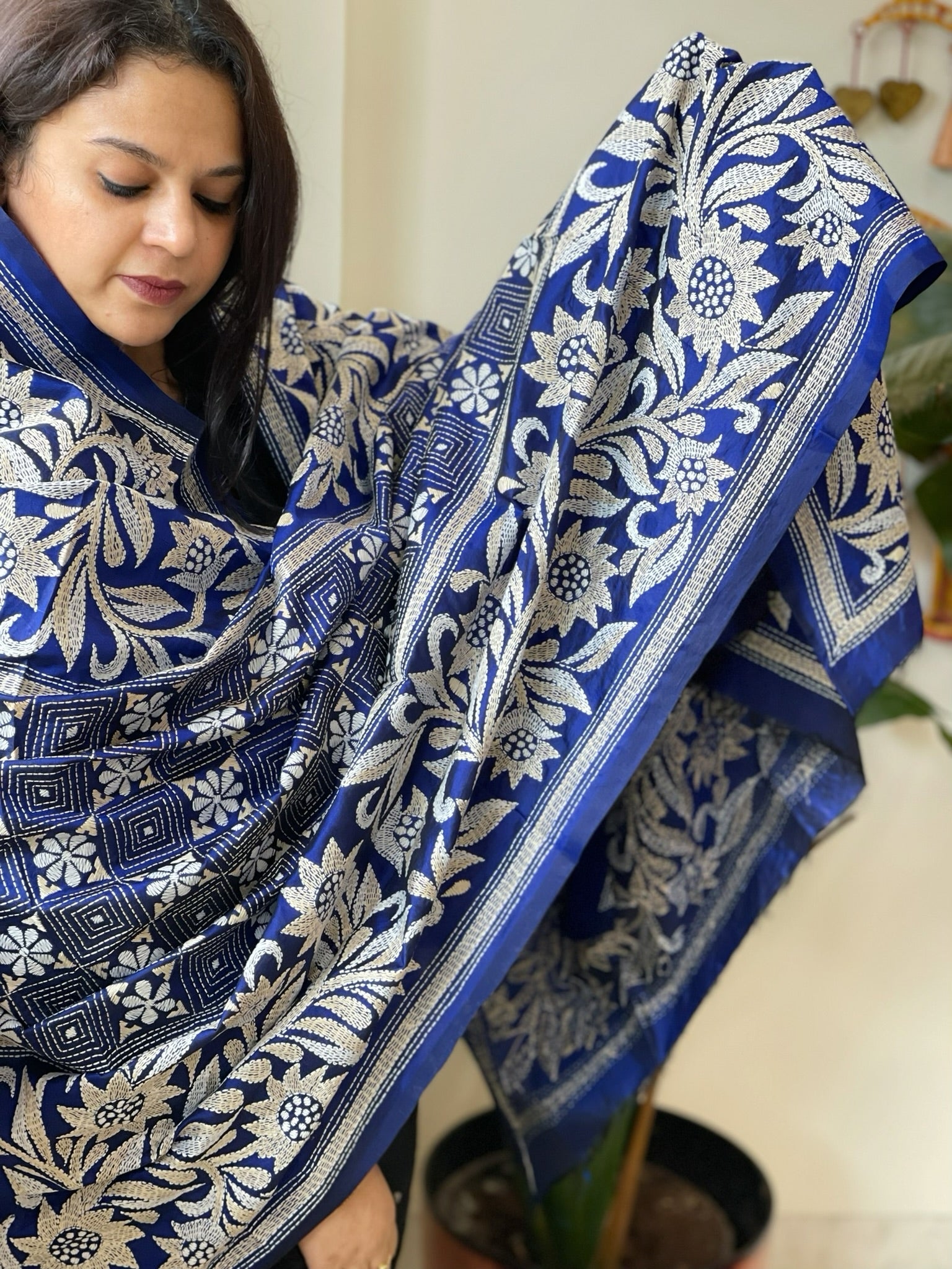 Blue Handmade Nakshi Kantha Dupatta in Pure Silk - Masakalee