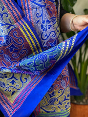 Blue Handmade Reverse Nakshi Kantha Stole in Pure Silk - Masakalee