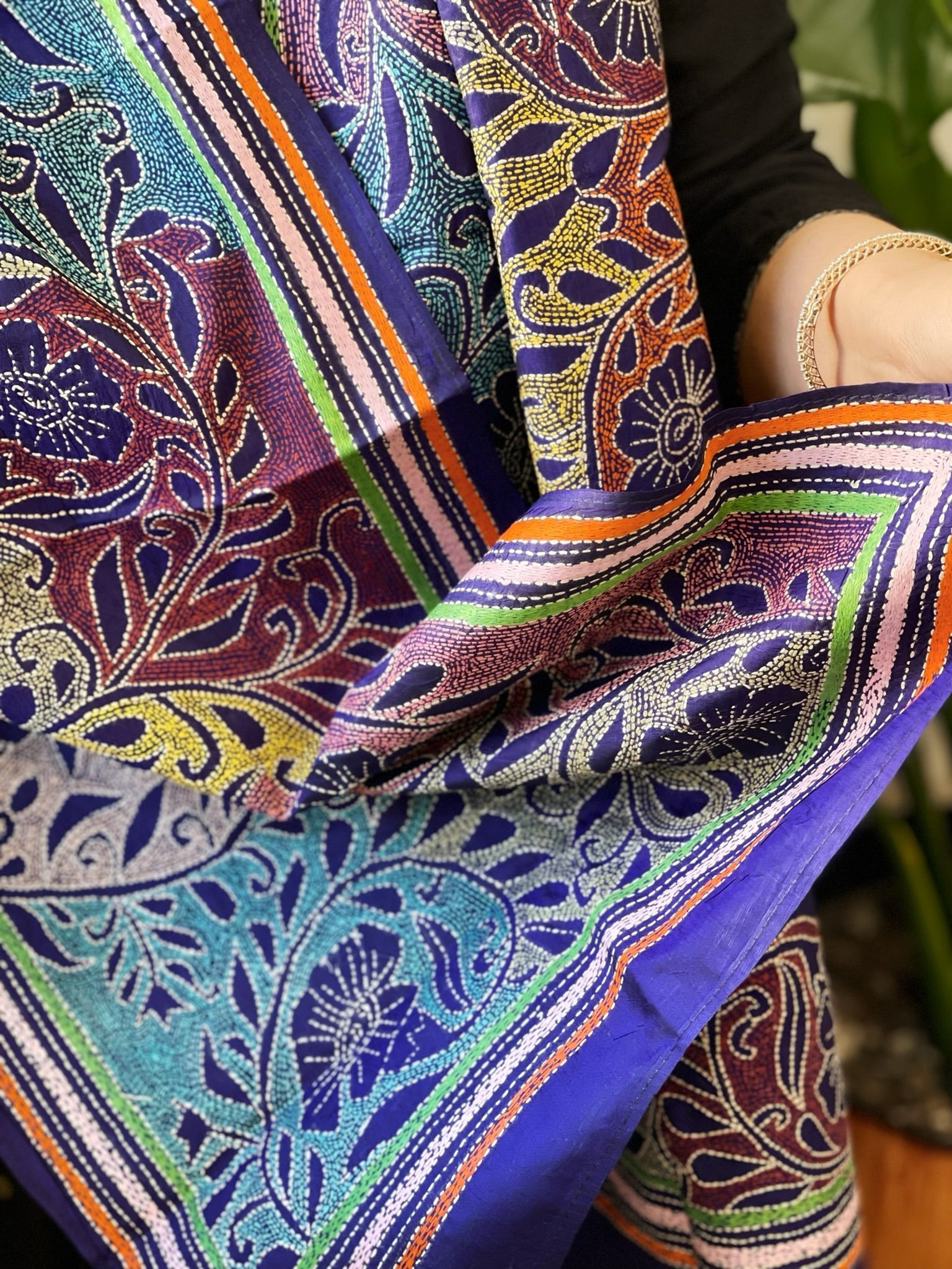 Blue Handmade Reverse Nakshi Kantha Stole in Pure Silk - Masakalee