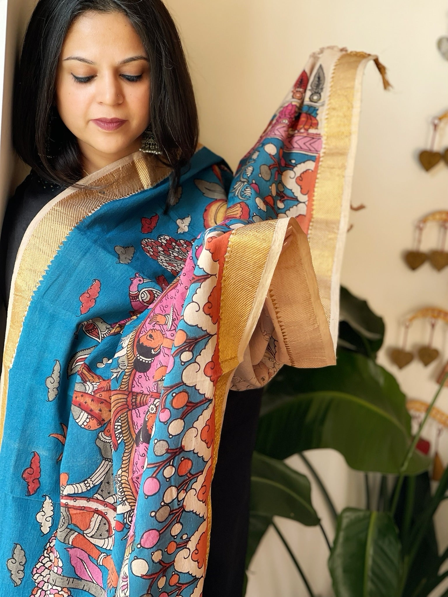 Blue Handpainted Kalamkari Dupatta in Cotton - Masakalee