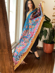 Blue Handpainted Kalamkari Dupatta in Cotton - Masakalee