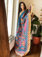 Blue Handpainted Kalamkari Dupatta in Cotton - Masakalee
