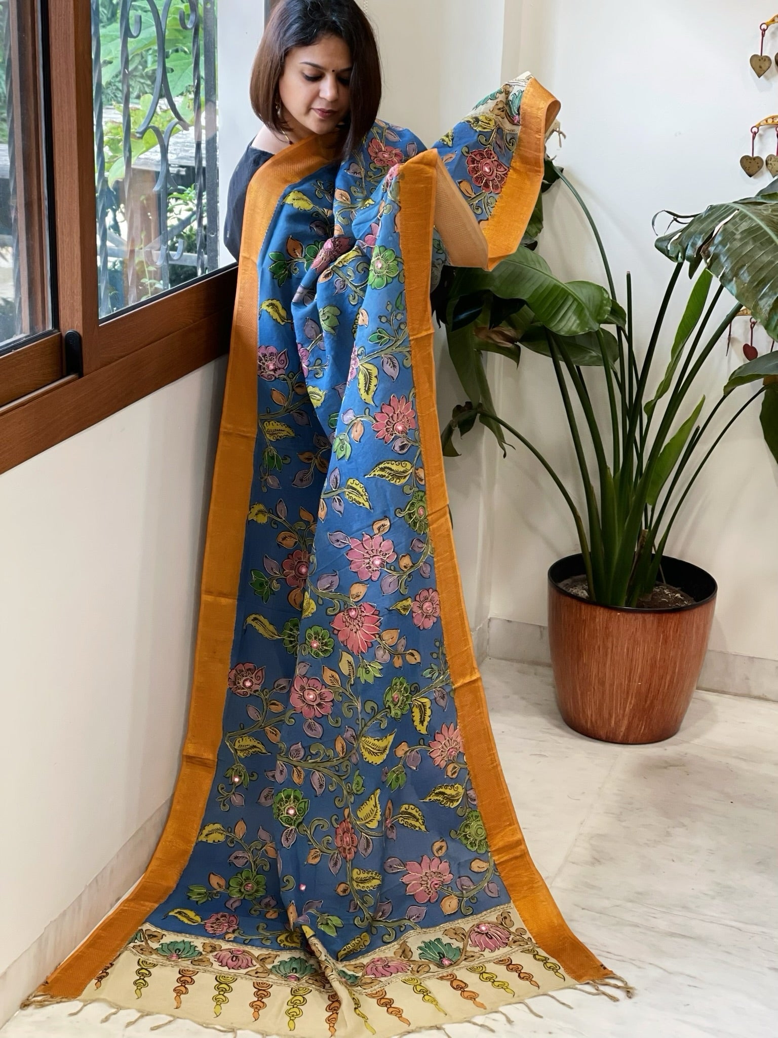 Blue Handpainted Kalamkari Dupatta with Thread & Mirror Handwork in Chanderi Silk - Masakalee