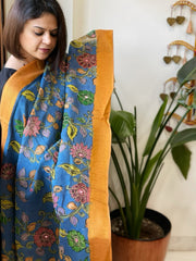 Blue Handpainted Kalamkari Dupatta with Thread & Mirror Handwork in Chanderi Silk - Masakalee