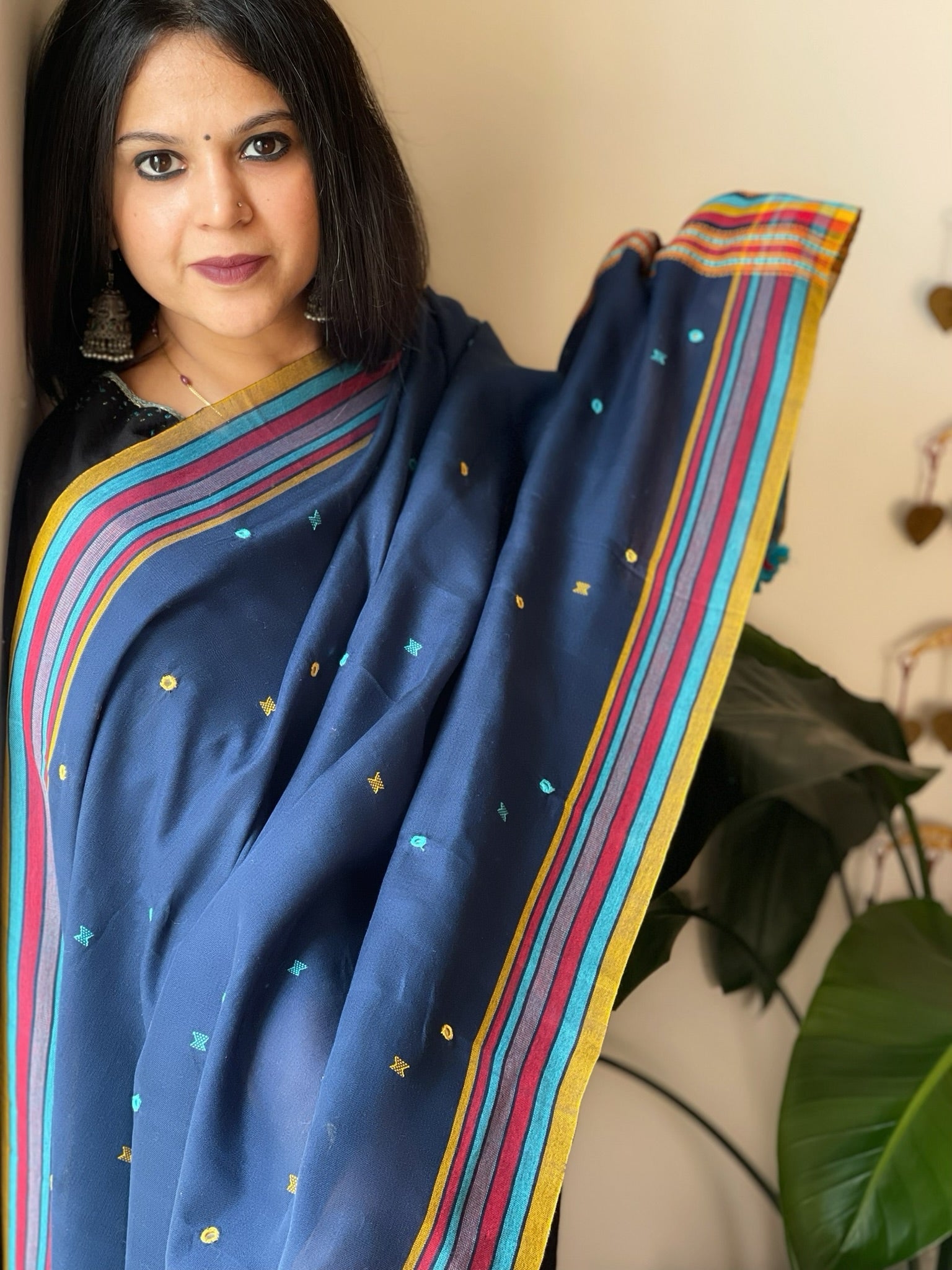 Blue Handwoven Bhujodi Dupatta with Mirror & Thread Handwork in Cotton - Masakalee