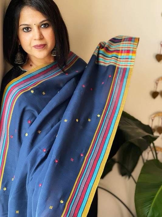 Blue Handwoven Bhujodi Dupatta with Mirror & Thread Handwork in Cotton - Masakalee