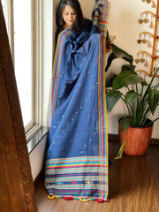 Blue Handwoven Bhujodi Dupatta with Mirror & Thread Handwork in Cotton - Masakalee