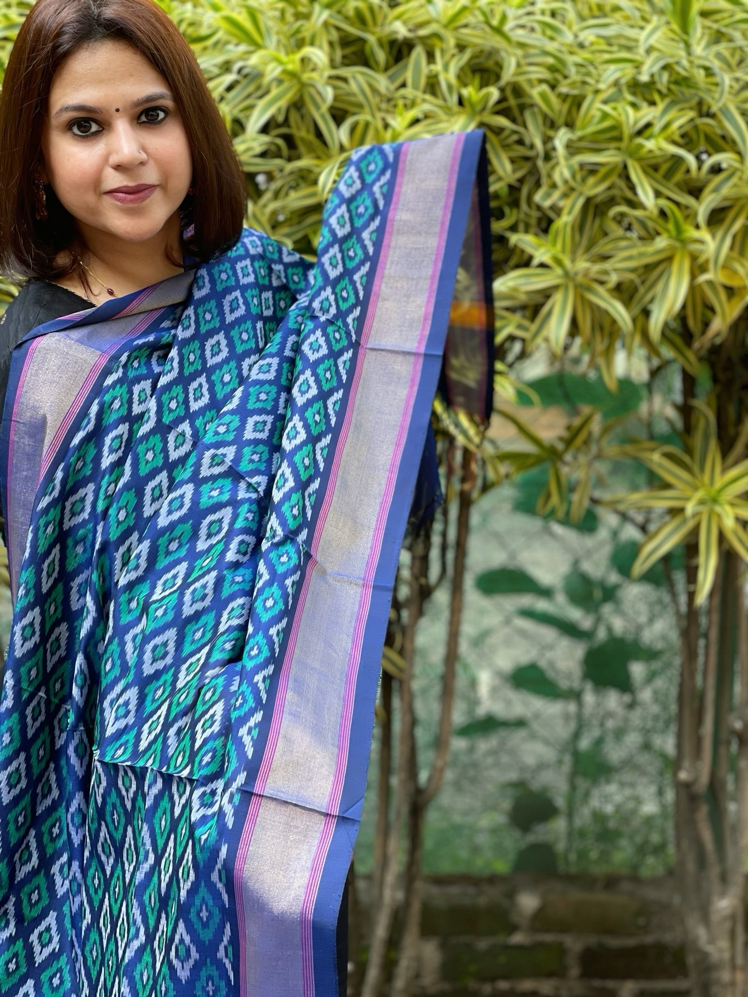 Blue Handwoven Ikat Dupatta Pure Silk - Cotton - Masakalee
